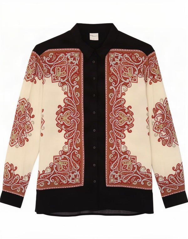 PIAZZA ITALIA Camicia Camicetta da Donna UK 16 Large Nera Paisley Viscosa