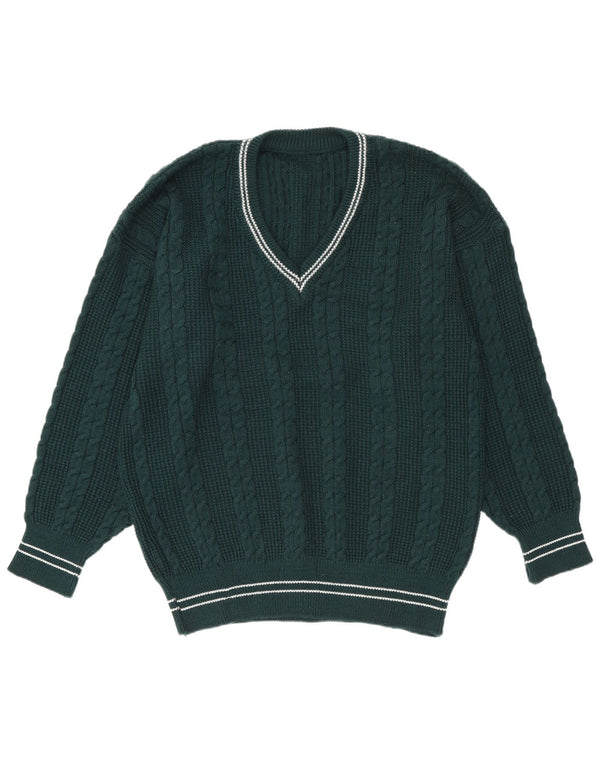 Maglione vintage da uomo con scollo a V, a righe verdi grandi