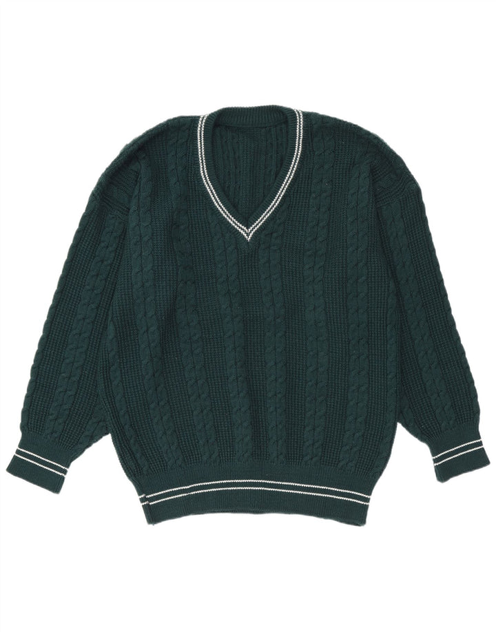 Maglione vintage da uomo con scollo a V, a righe verdi grandi