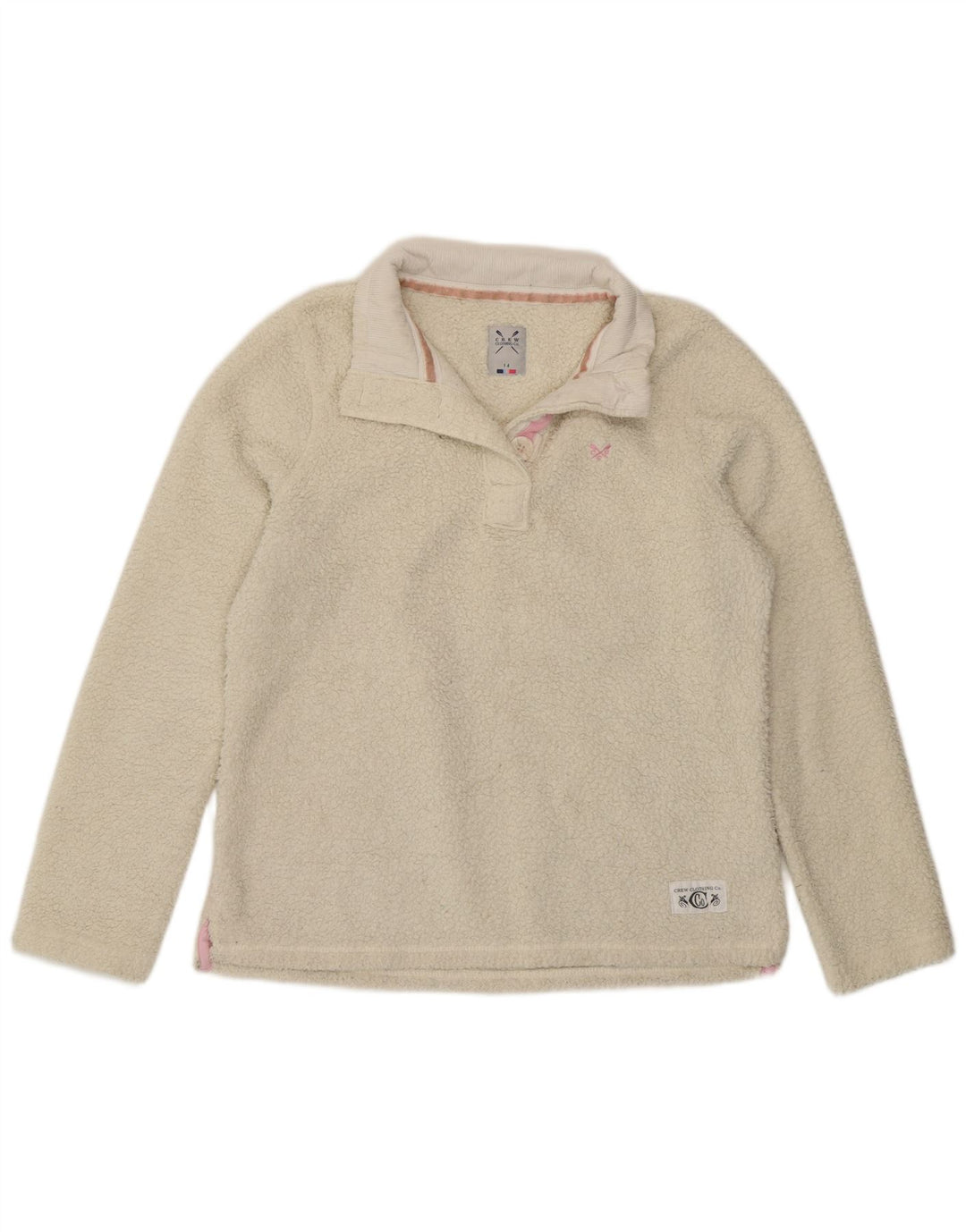 Crew Clothing Maglione in pile da donna con collo a bottoni UK 14 Grande poliestere bianco