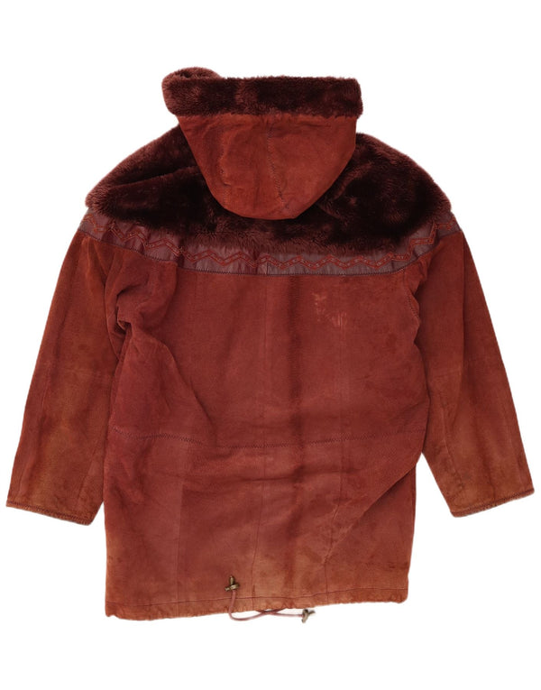 Soprabito oversize in pelle scamosciata con cappuccio da donna Yuppie UK 10 piccolo in pelle marrone