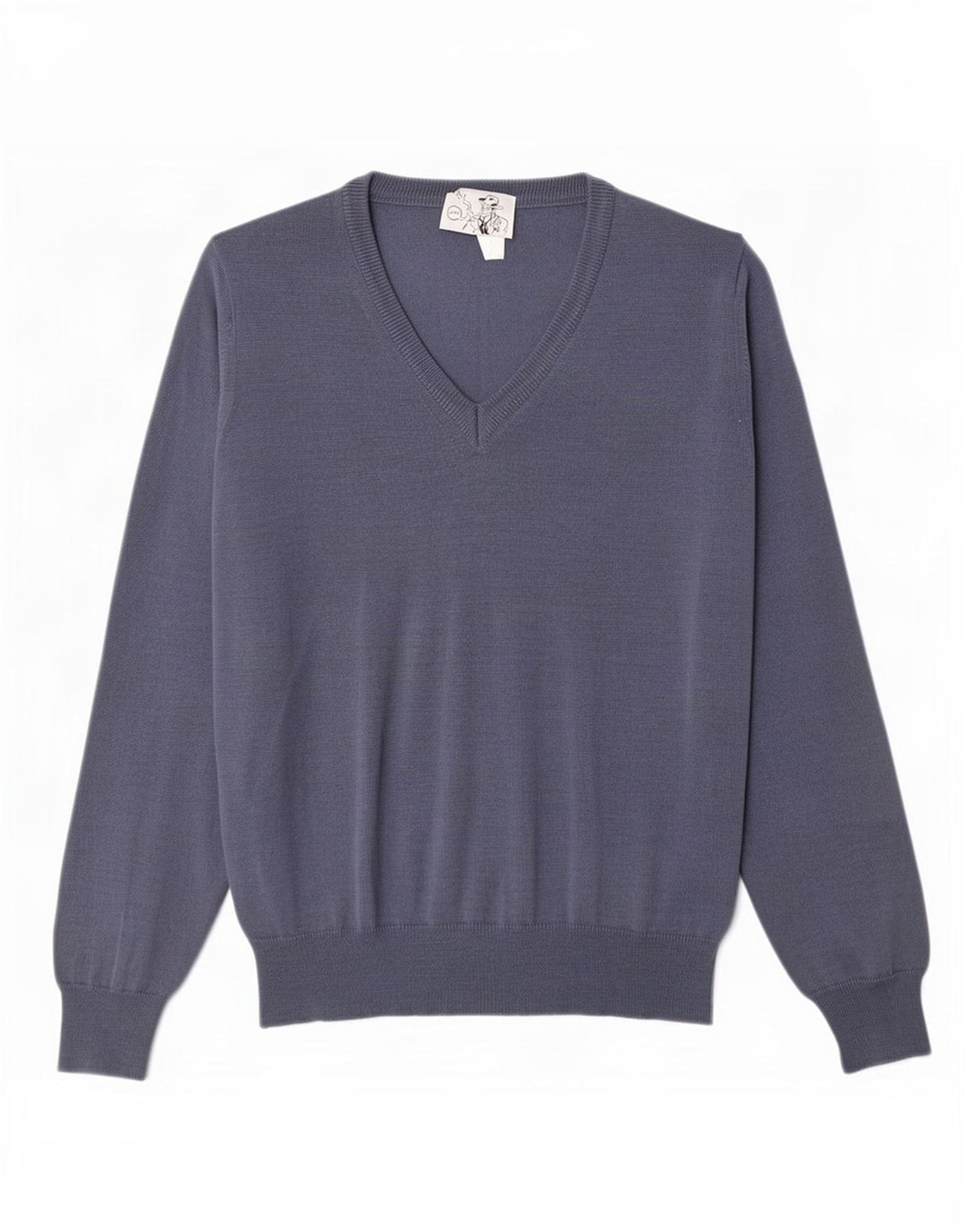 Maglione vintage da uomo con scollo a V in lana merino blu medio