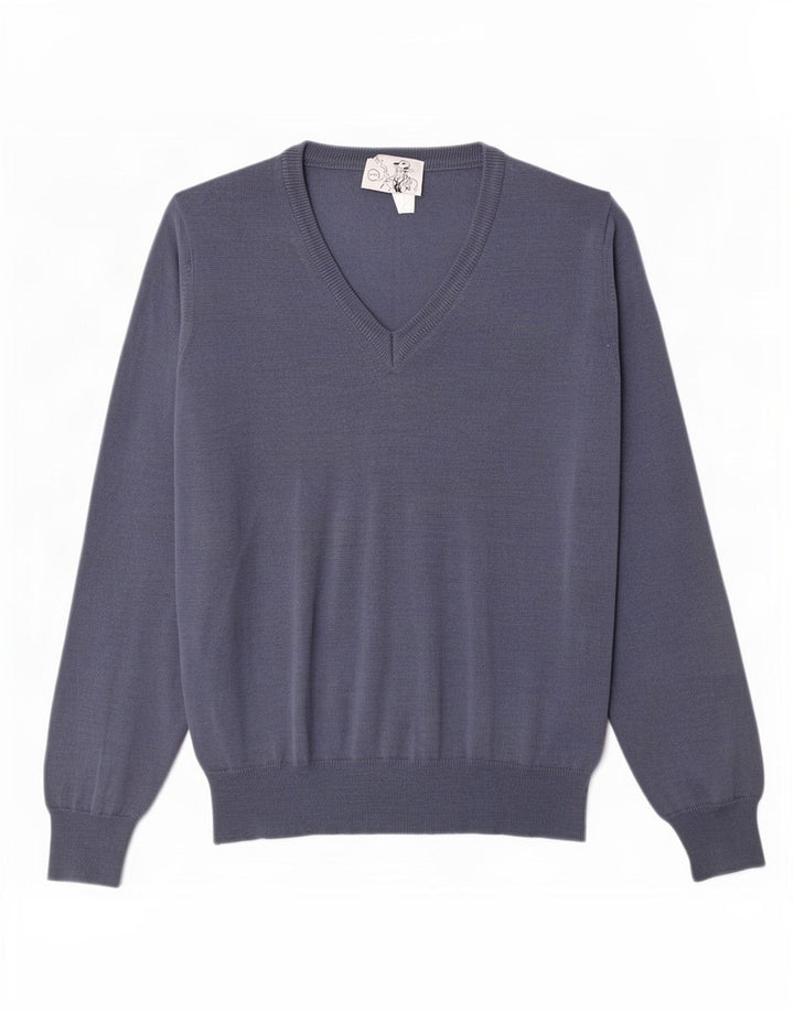 Maglione vintage da uomo con scollo a V in lana merino blu medio