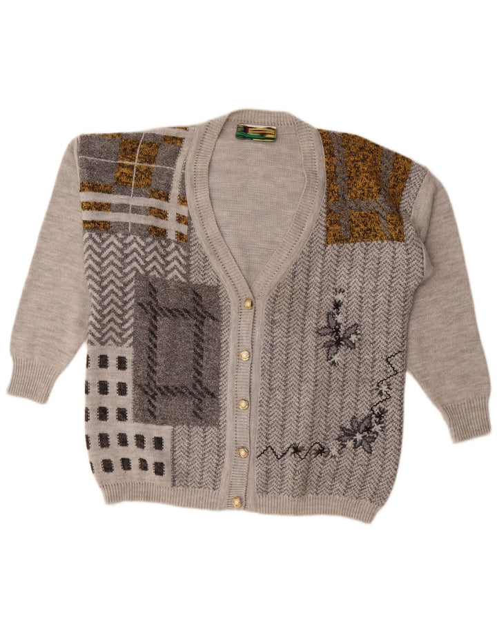 Maglione cardigan da donna vintage UK 18 XL Patchwork grigio