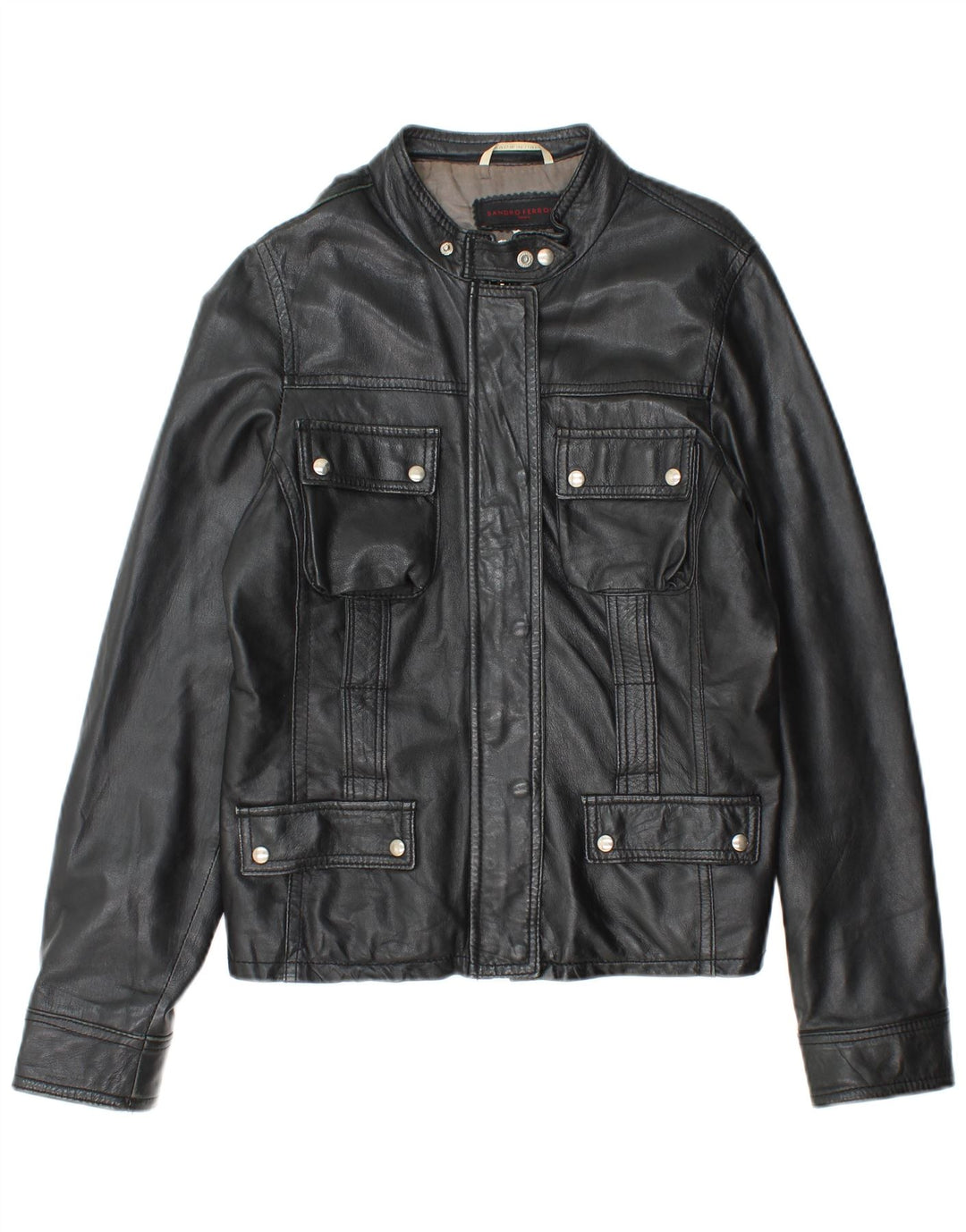 SANDRO FERRONE Giacca in pelle da donna UK 14 Grande pelle nera
