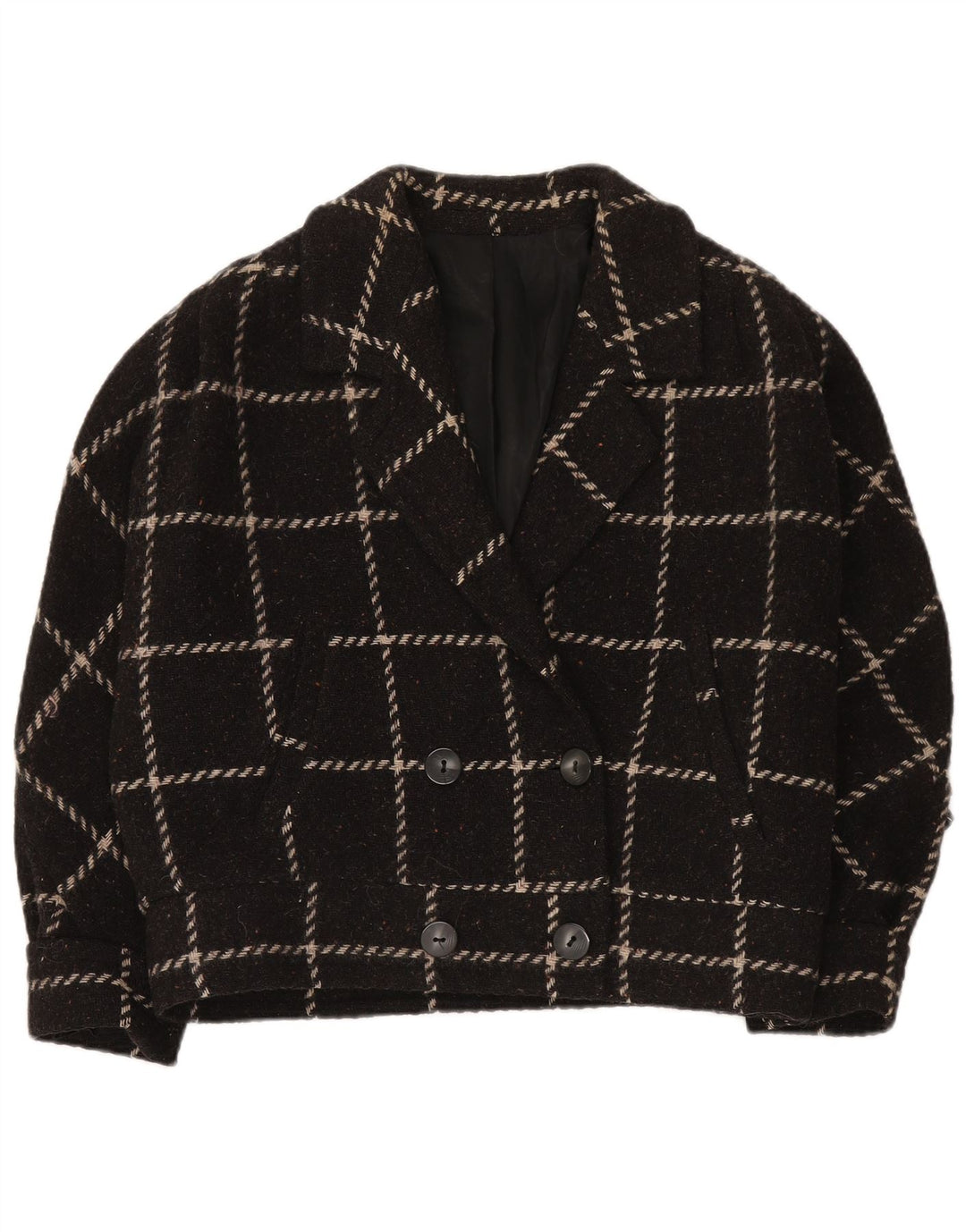 Giacca blazer doppiopetto vintage da donna IT 46 grande lana a quadri nera