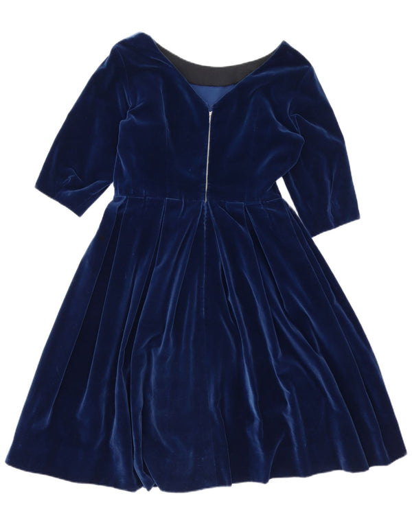 Abito vintage da donna a trapezio in velluto con maniche a 3/4 UK 14 blu navy medio