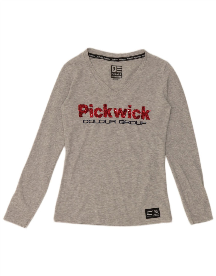 Pickwick Top grafico da donna a maniche lunghe UK 8 piccolo in viscosa chiazzata grigia