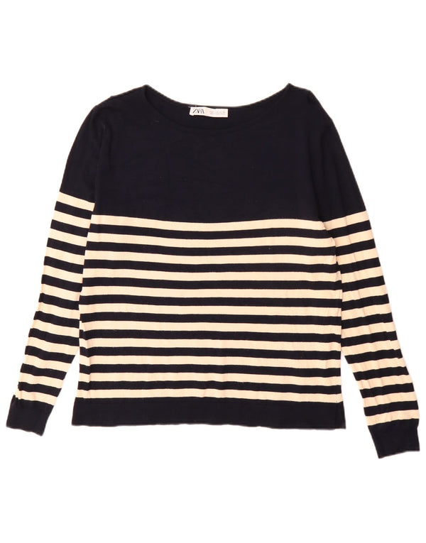 Zara Womens Boat Neck Jumper Sweater UK 10 Small Navy Blue Striped