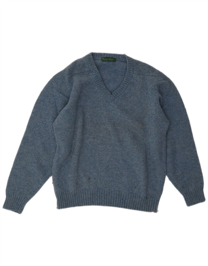 Maglione da donna con scollo a V Zanolini UK 14 grande lana vergine blu