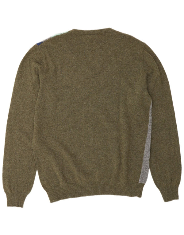 Maglione da donna con scollo a V Benetton UK 18 XL Lana kaki a rombi/diamante