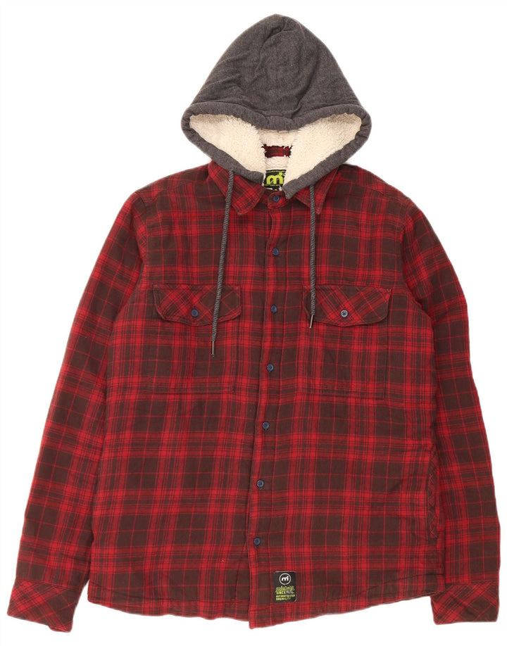 Camicia da uomo in flanella da boscaiolo con cappuccio Mistral, cotone a quadri rosso medio