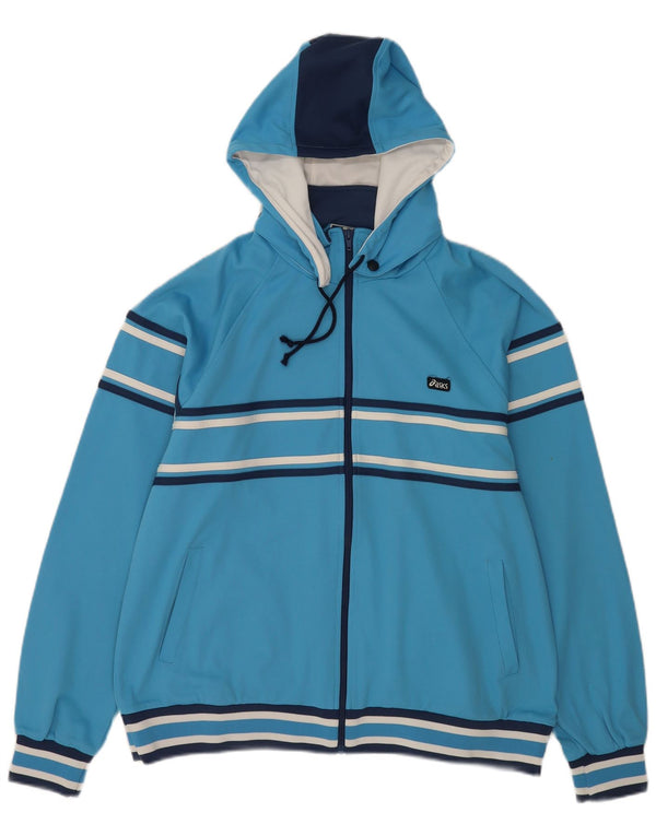 Asics Mens Hooded Tracksuit Top Jacket Large Blue Striped Polyester