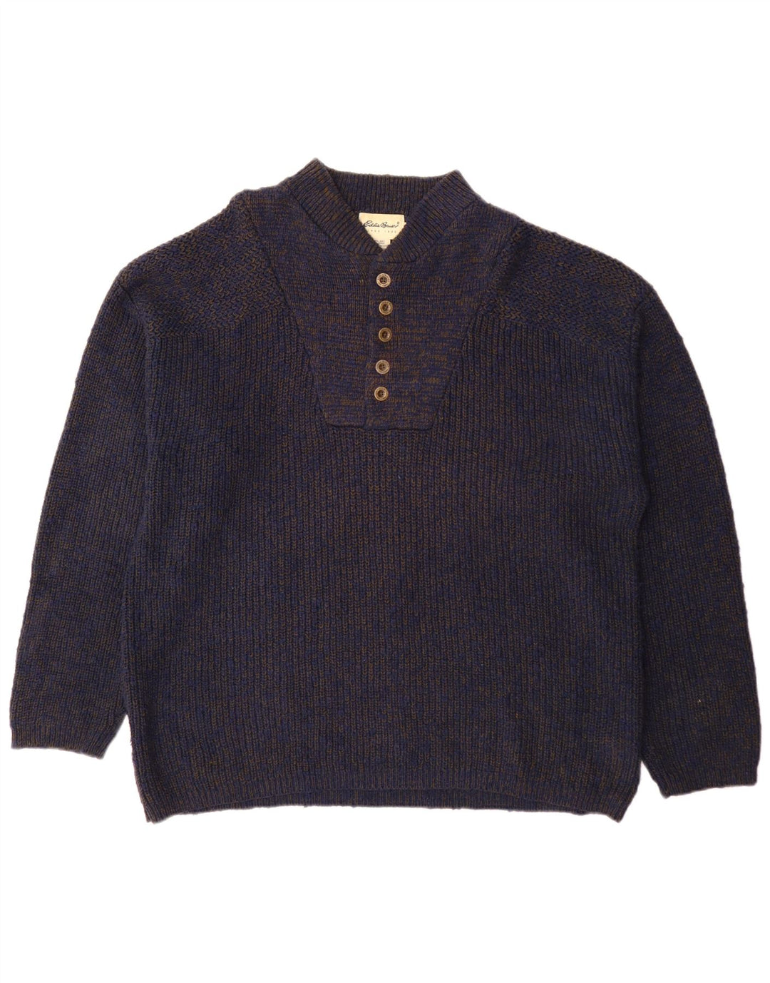 Maglione da uomo Eddie Bauer con collo a bottoni XL in cotone screziato blu navy