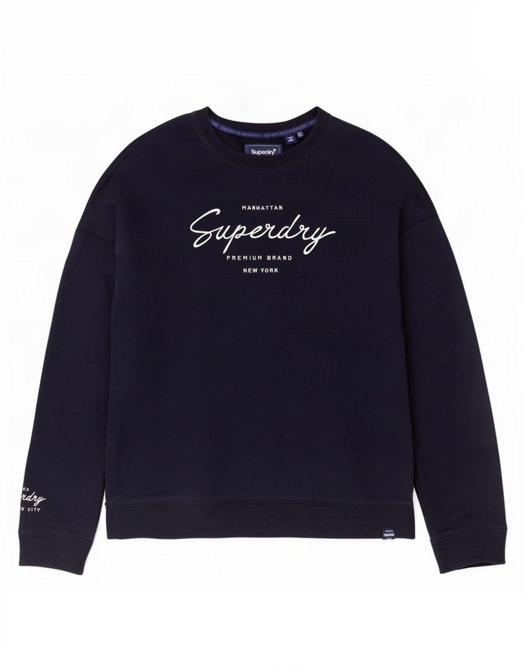 Felpa con grafica da donna Superdry, maglione UK 8 Small, viscosa blu navy