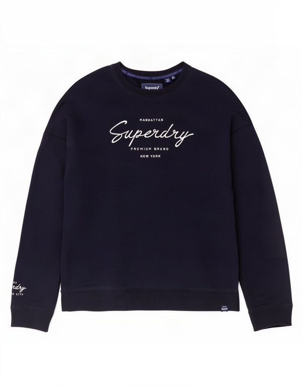 Felpa con grafica da donna Superdry, maglione UK 8 Small, viscosa blu navy