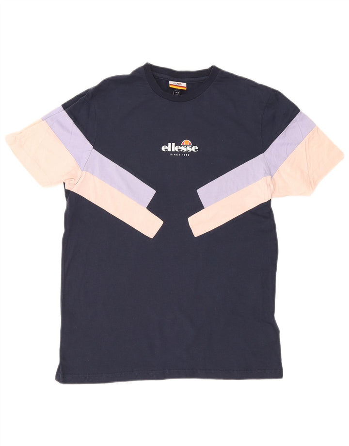 ELLESSE Mens Graphic T-Shirt Top Medium Navy Blue Colourblock Cotton