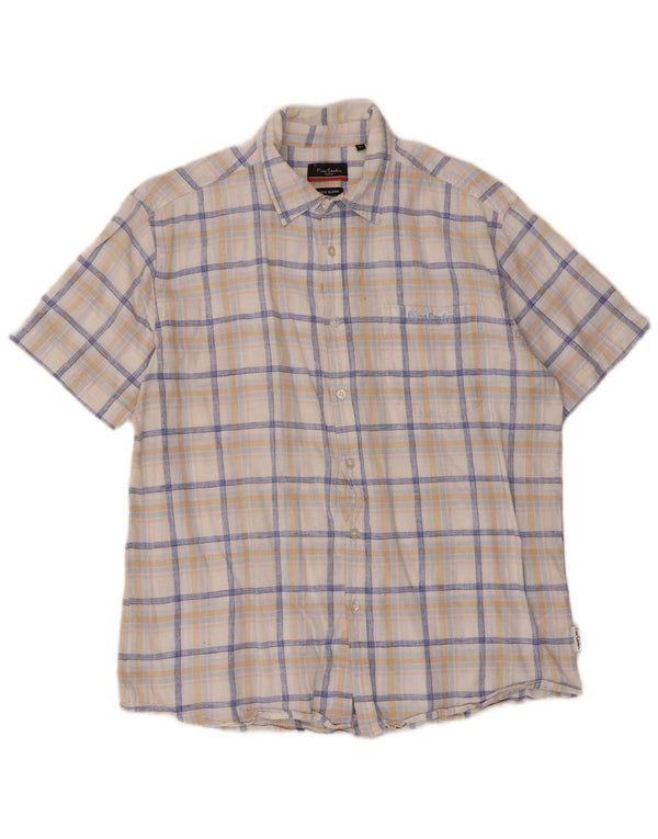 Pierre Cardin Mens Short Sleeve Shirt Large White Check Cotton