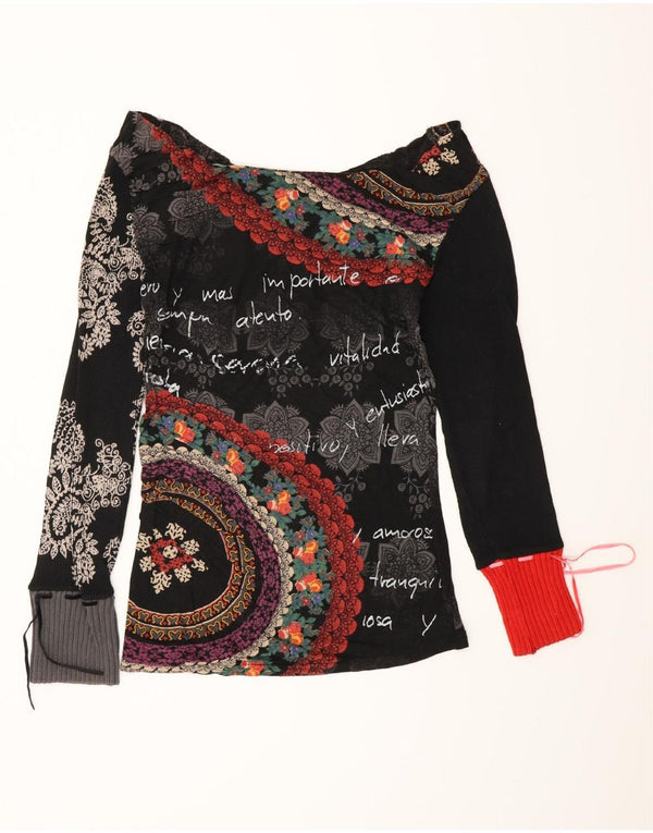 DESIGUAL Womens Graphic Top Long Sleeve UK 12 Medium Black Floral Cotton