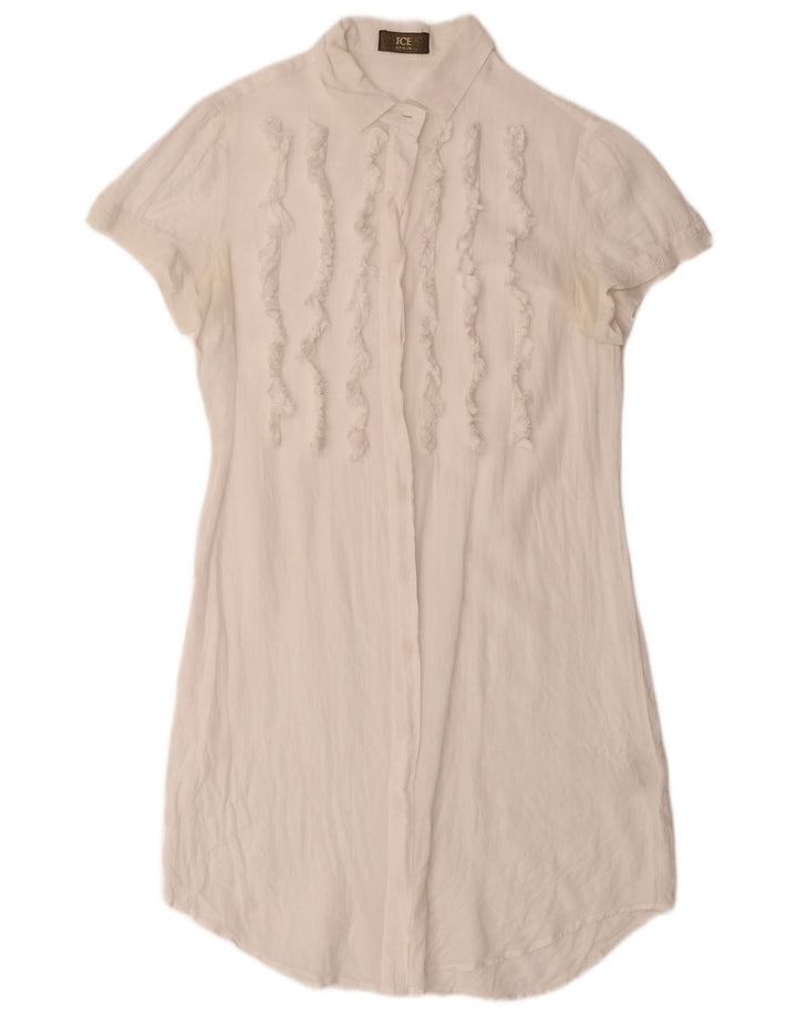 ICEBERG Womens Ruffle Front Short Sleeves Shirt Dress UK 12 Medium White