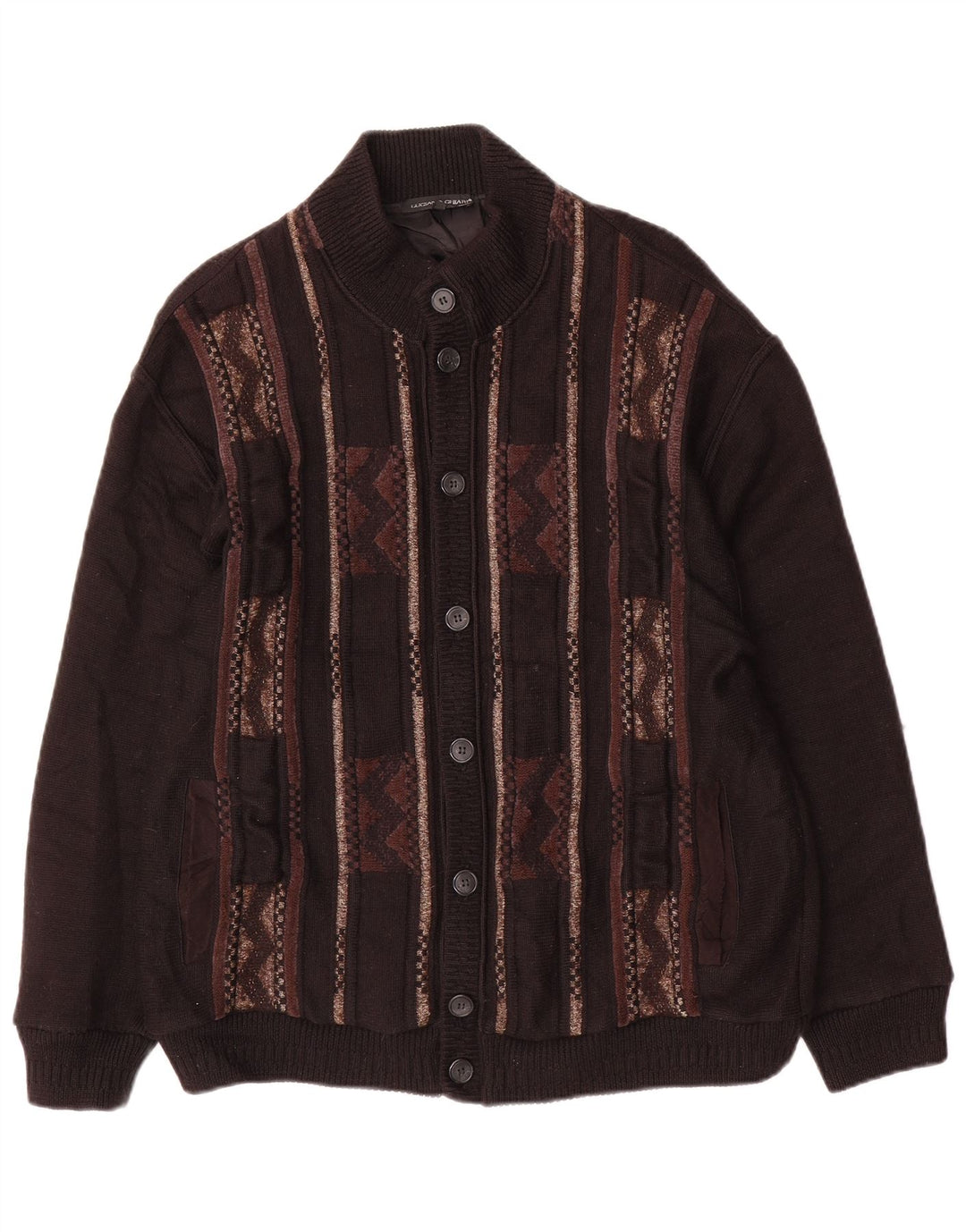 LUCIANO CHIARI Maglione Cardigan Uomo IT 52 Large Nero Geometrico Lana