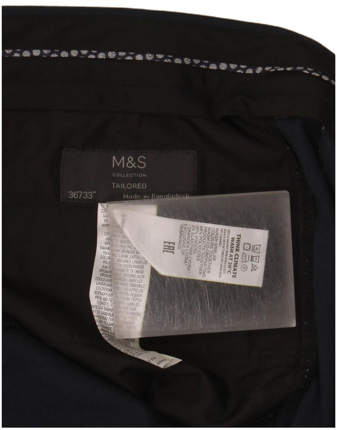 Pantaloni da abito su misura da uomo Marks & Spencer W36 L33 poliestere blu navy