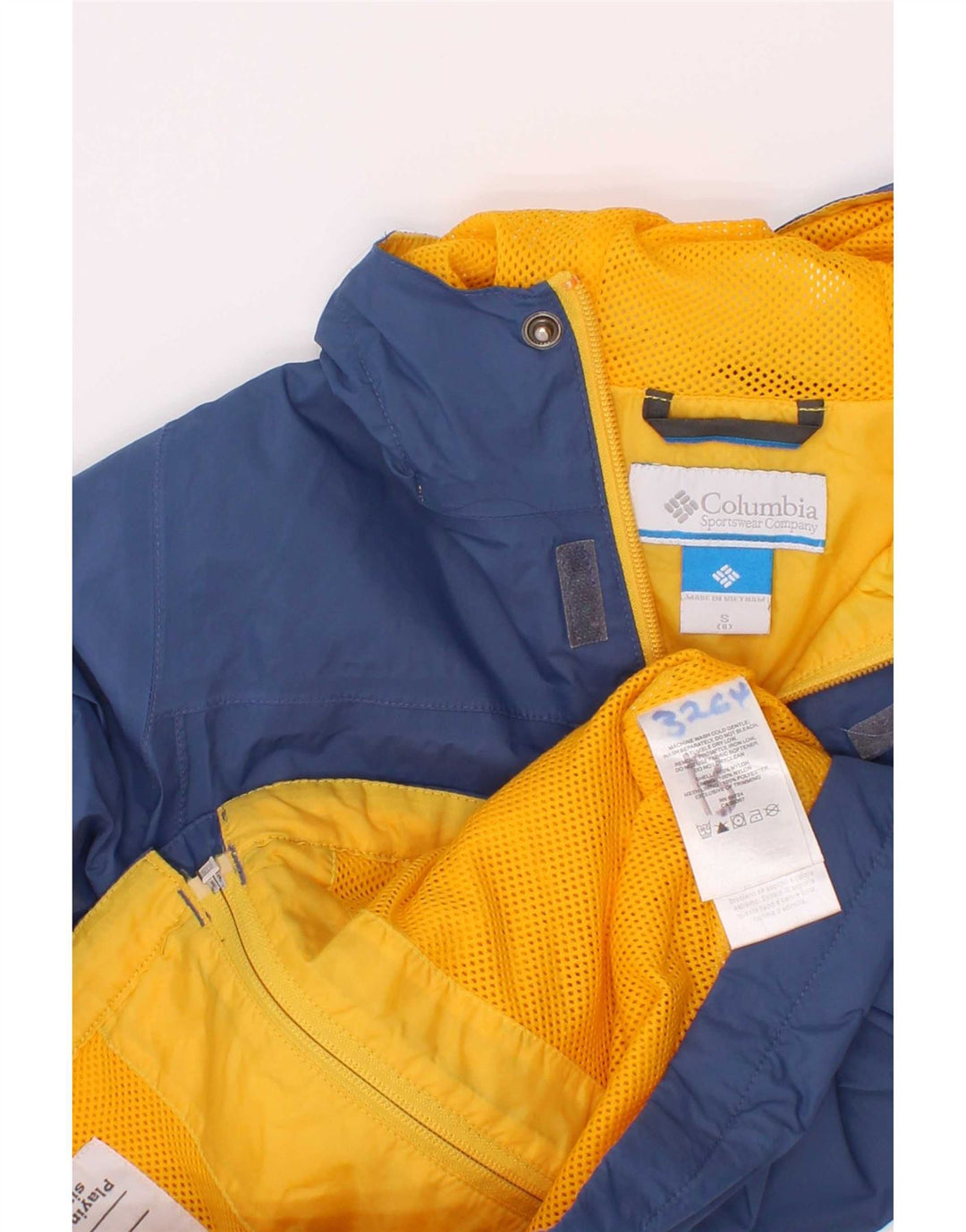 Giacca antipioggia con cappuccio Columbia per ragazzi 7-8 anni, piccola, in nylon color block blu