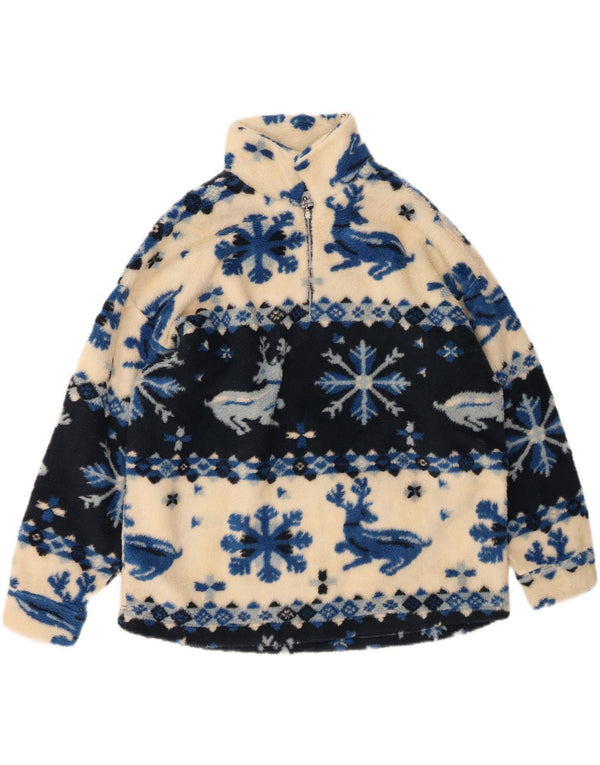 Maglione in pile da donna vintage con zip e collo UK 20 2XL bianco sporco Fair Isle Aztec