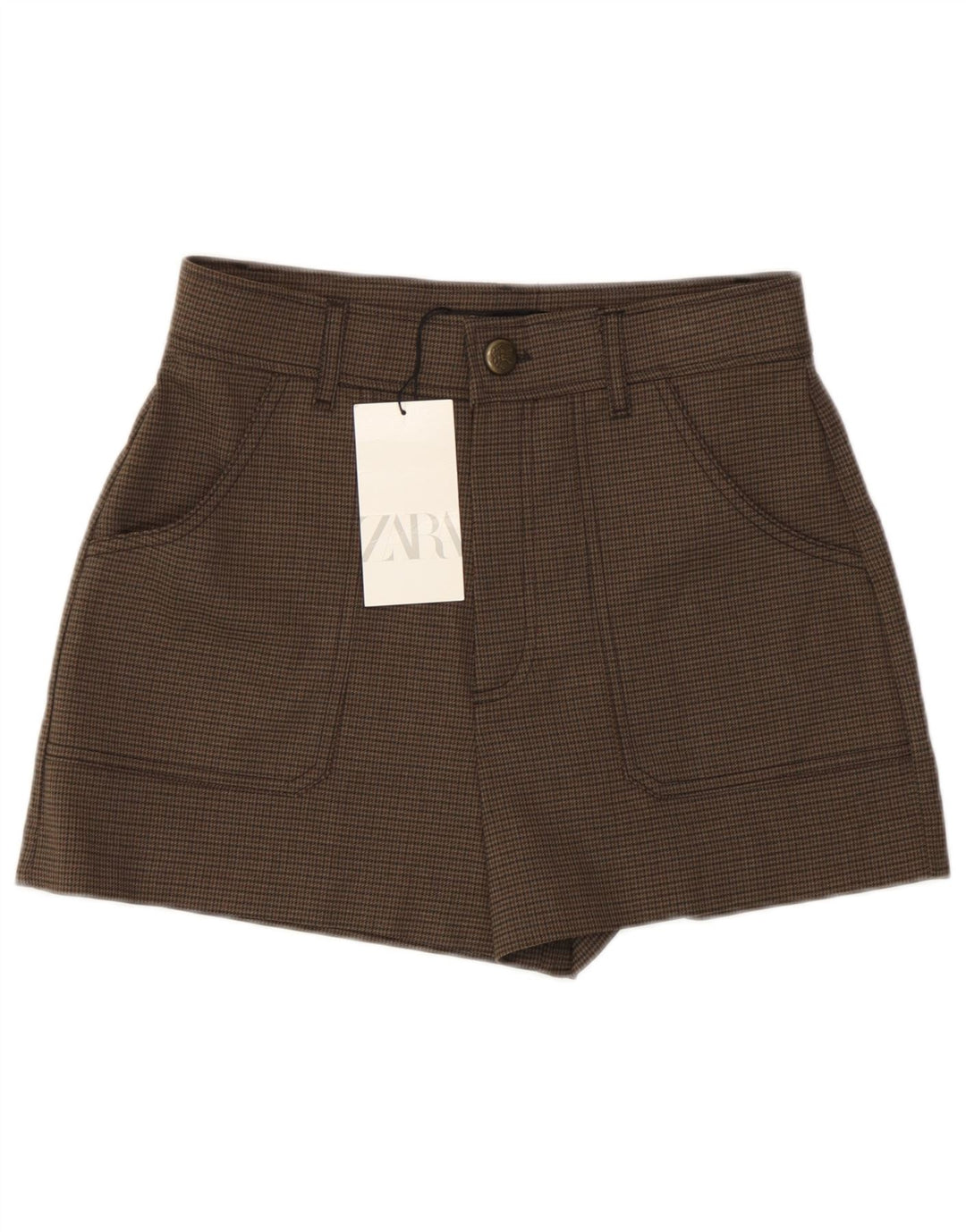 Pantaloncini casual a vita alta da donna Zara piccoli W26 poliestere pied de poule marrone