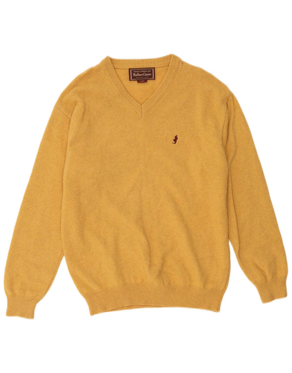 Marlboro Classics Mens V-Neck Jumper Sweater Large Yellow Wool
