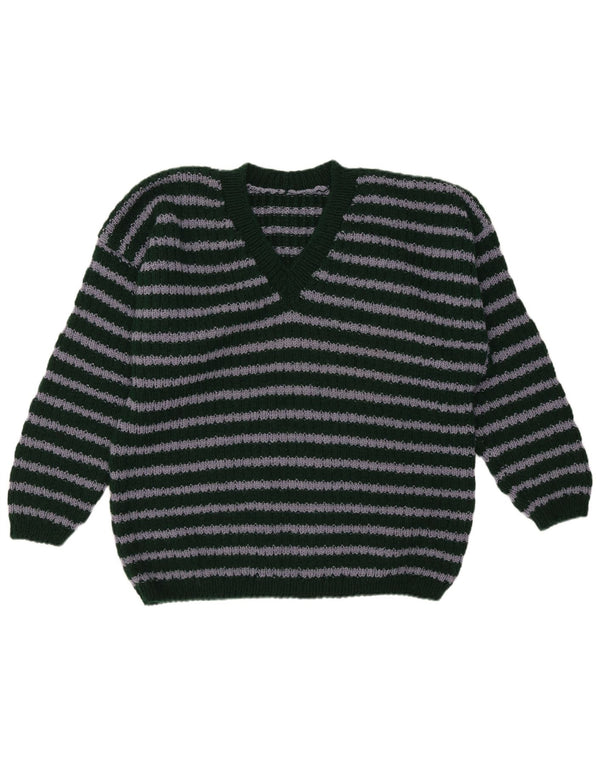 Maglione vintage da uomo con scollo a V a righe verde medio