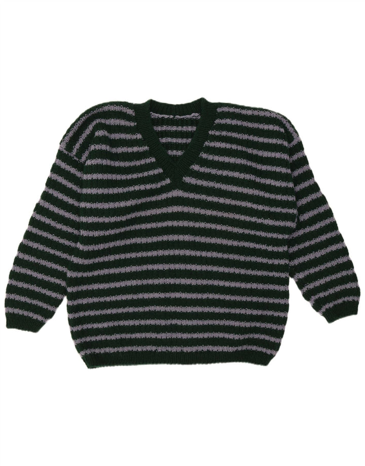 Maglione vintage da uomo con scollo a V a righe verde medio