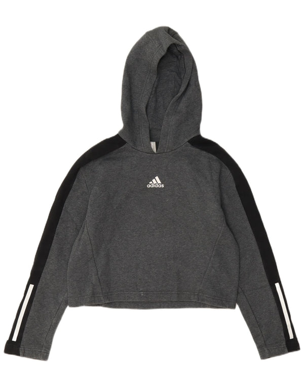 Felpa con cappuccio corta Adidas per ragazze 11-12 anni in cotone color block grigio