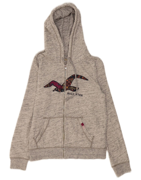Felpa con cappuccio e zip grafica Hollister da donna UK 16 Large Grey Flecked Cotton