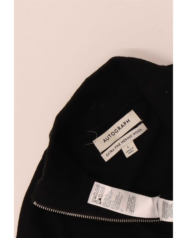 Maglione da uomo con zip e collo autografo, grande, in lana merino nera