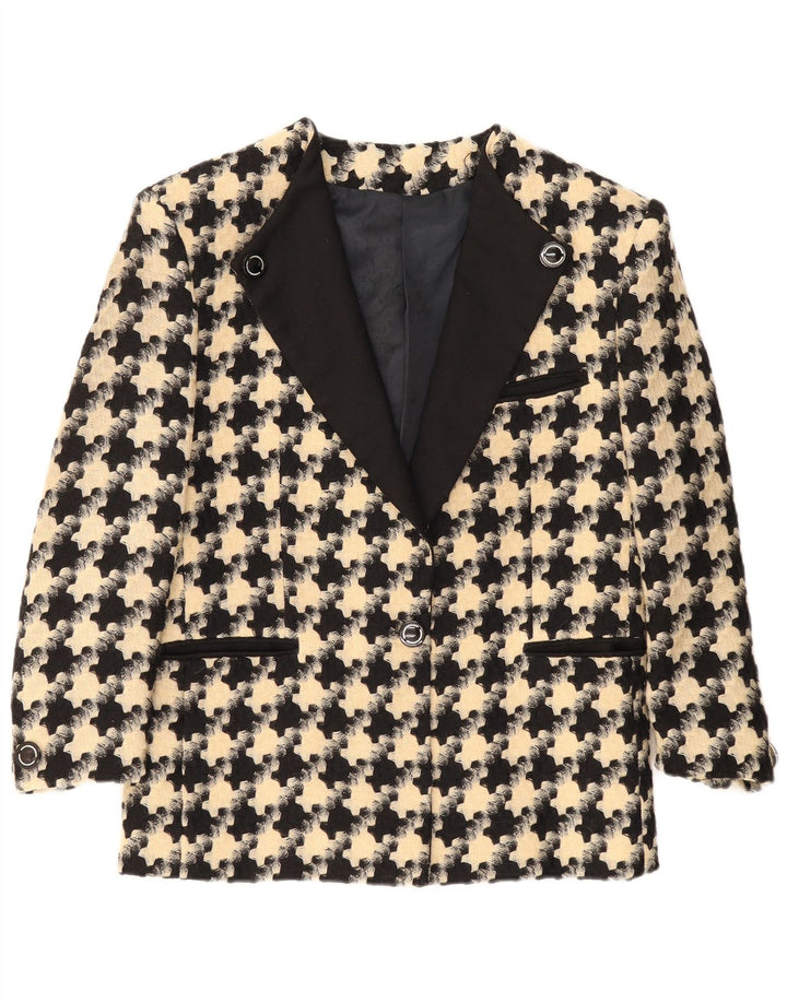 Giacca blazer vintage da donna a 1 bottone UK 16 grande pied de poule nero