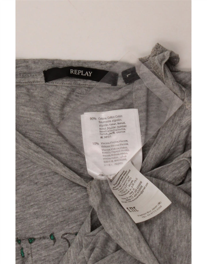 REPLAY T-shirt grafica da donna Top UK 16 grande cotone grigio