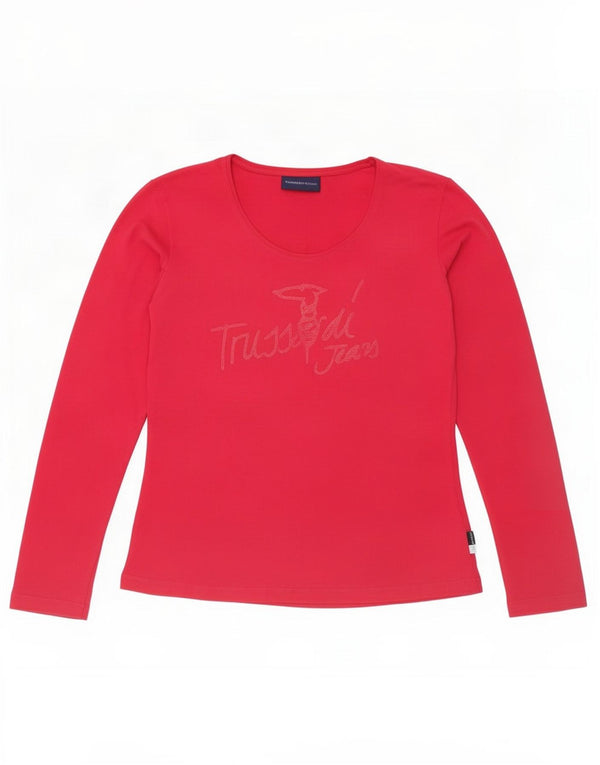 Trussardi Jeans Top Grafico Oversize da Donna Manica Lunga UK 10 Piccolo Rosa