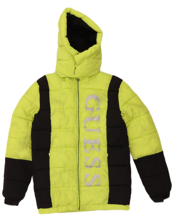 Giacca imbottita con cappuccio grafico Guess da ragazzo 15-16 anni Colore verde a blocchi
