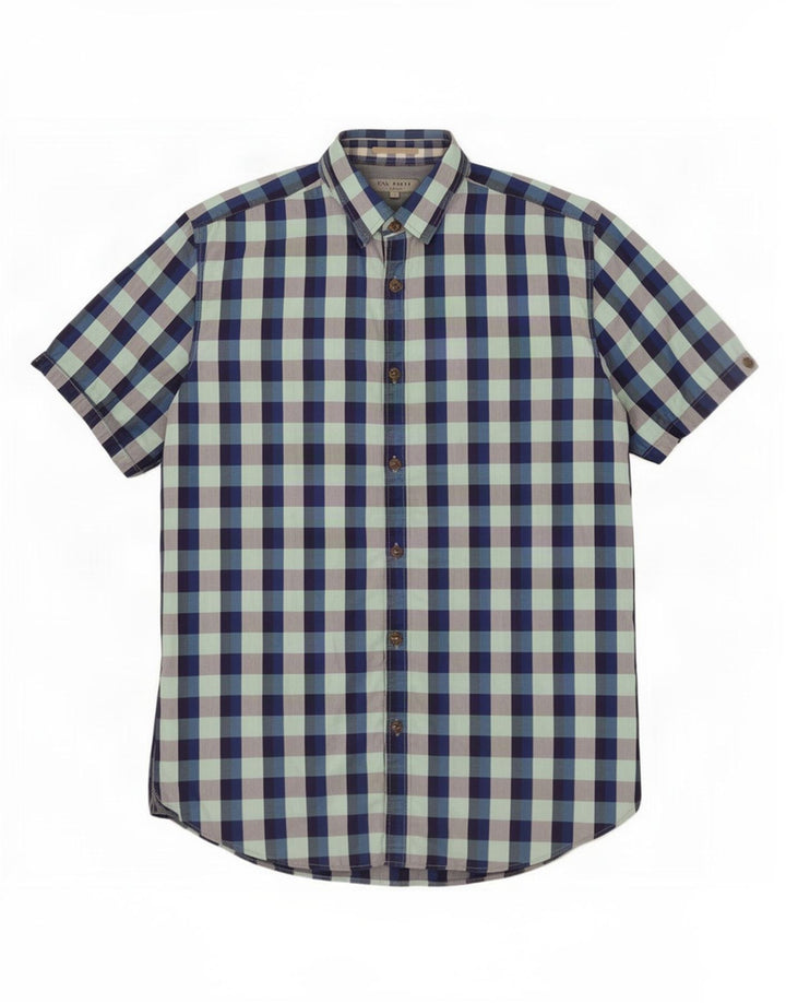 Ted Baker Camicia a maniche corte da uomo taglia 4 grande in cotone a quadretti blu