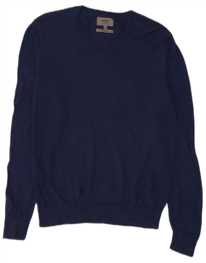 Maglione da uomo con scollo a V Marks & Spencer in cotone blu navy medio