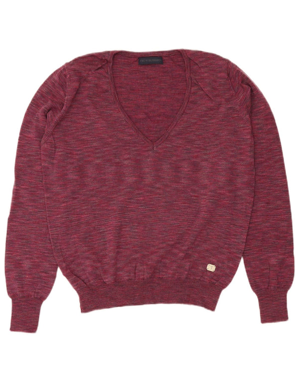 Trussardi Womens V-Neck Jumper Sweater UK 14 Medium Burgundy Flecked