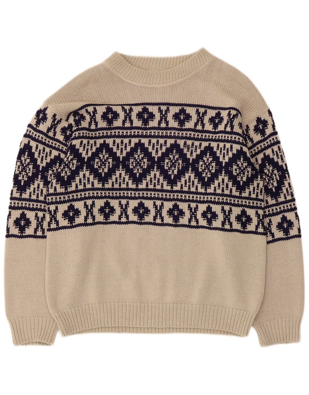 Maglione vintage da uomo con scollo a barca, beige medio, Fair Isle