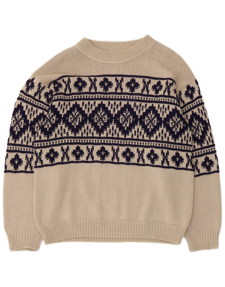 Maglione vintage da uomo con scollo a barca, beige medio, Fair Isle