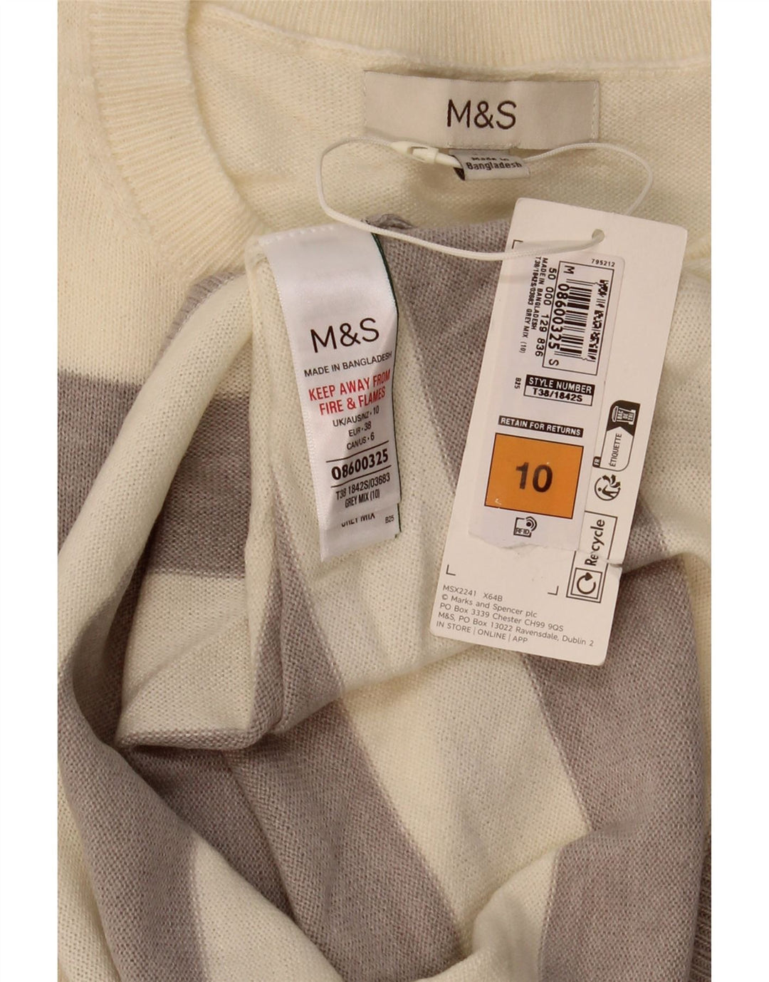 Maglione maglione girocollo da donna Marks & Spencer UK 10 piccolo a righe beige