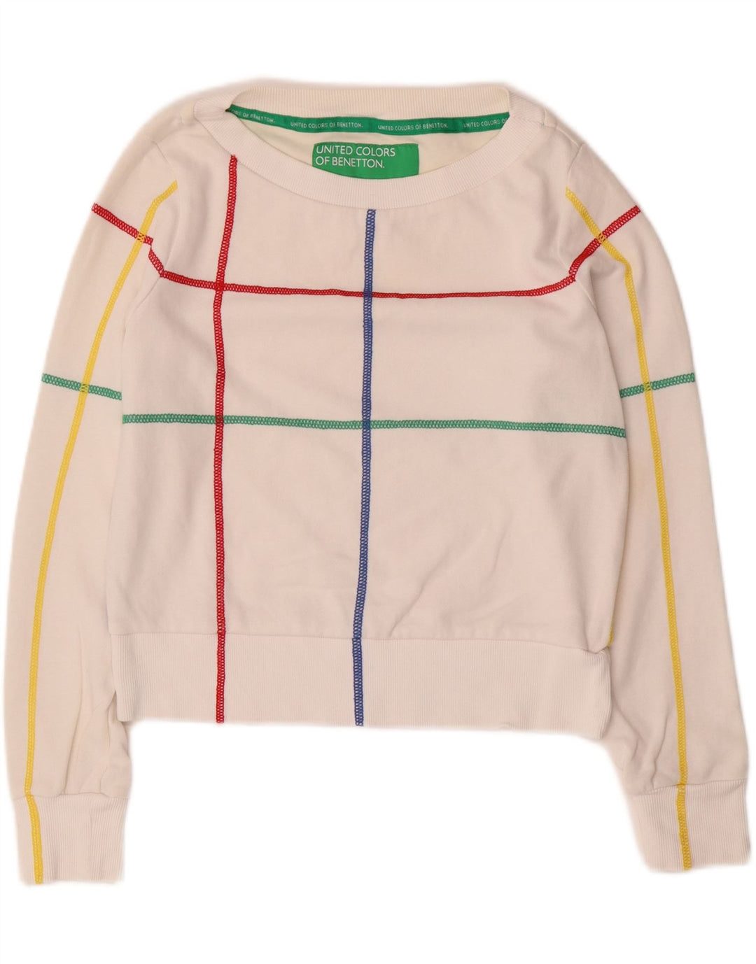 BENETTON Felpa corta da donna Maglione UK 10 Small White Striped
