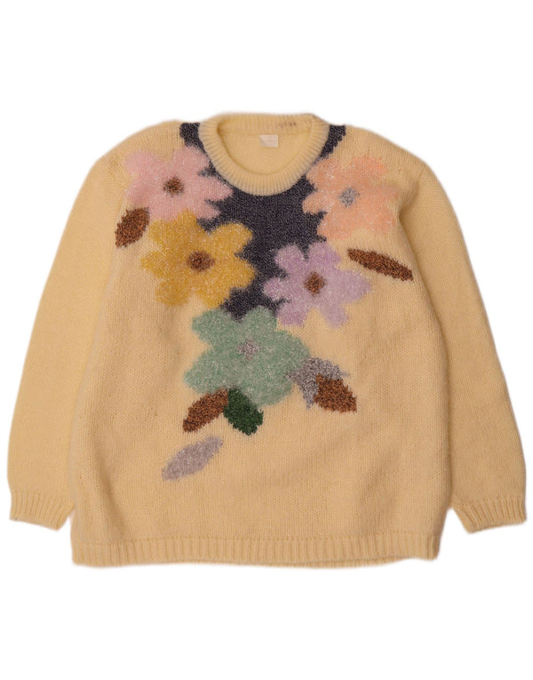 Vintage Womens Crew Neck Jumper Sweater UK 20 2XL Yellow Floral