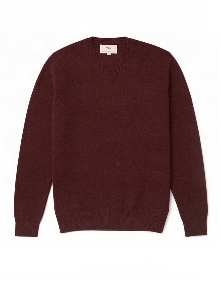 Maglione da uomo con scollo a V Marks & Spencer in lana screziata bordeaux media