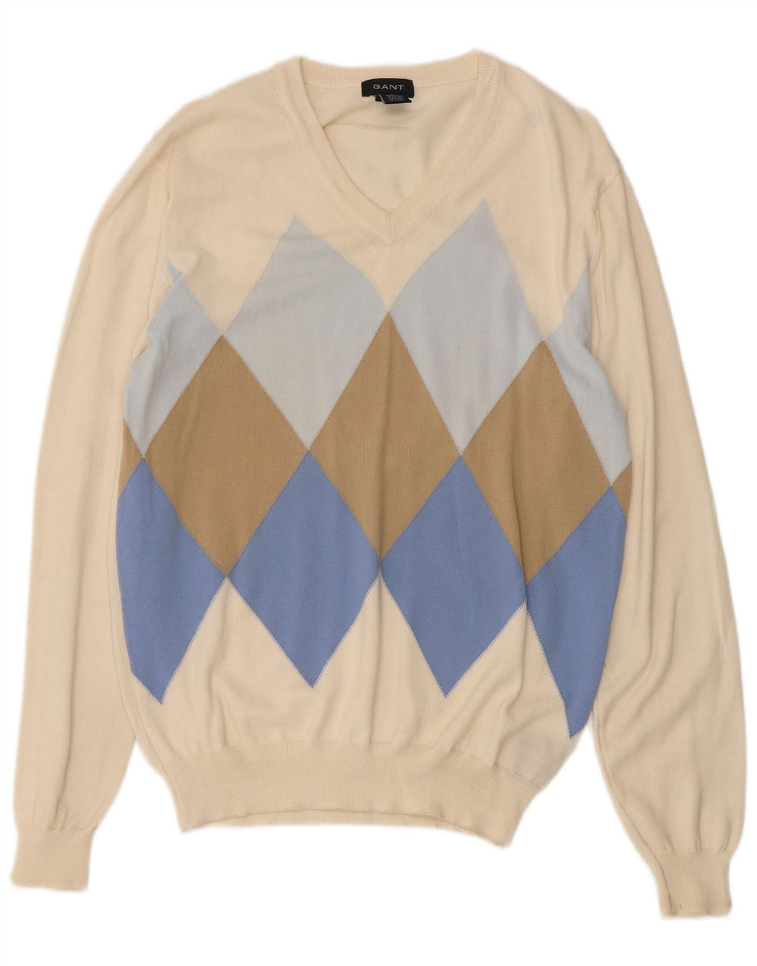Gant Maglione da uomo con scollo a V in cotone bianco medio a rombi/diamante