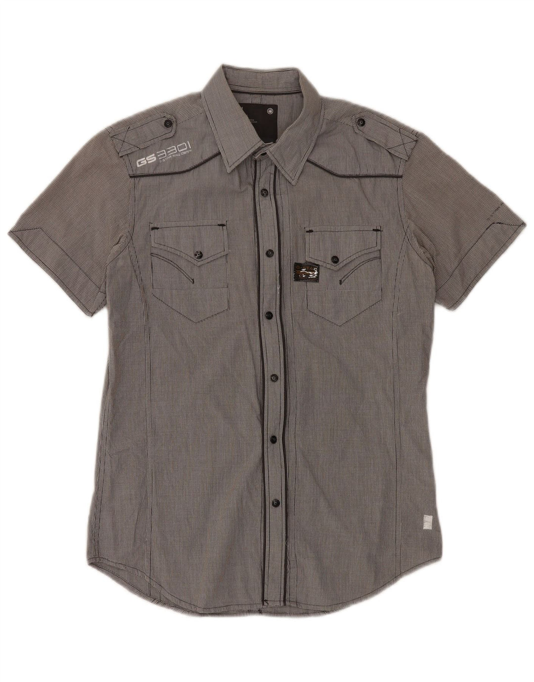 Camicia militare a maniche corte da uomo G-Star in cotone a quadretti grigio medio